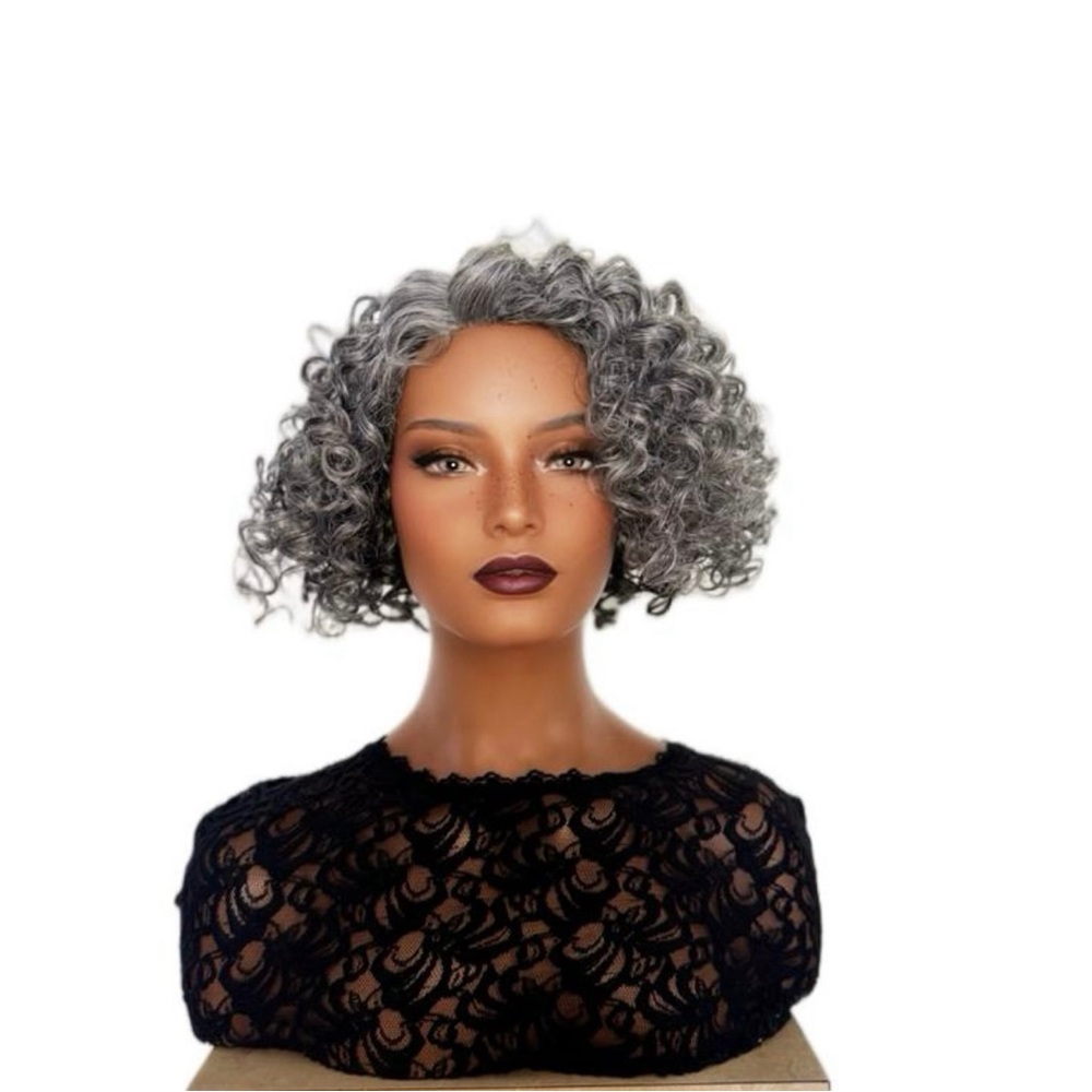 RIVA Gray and Black Curly Bob Wig with Voluminous Curls